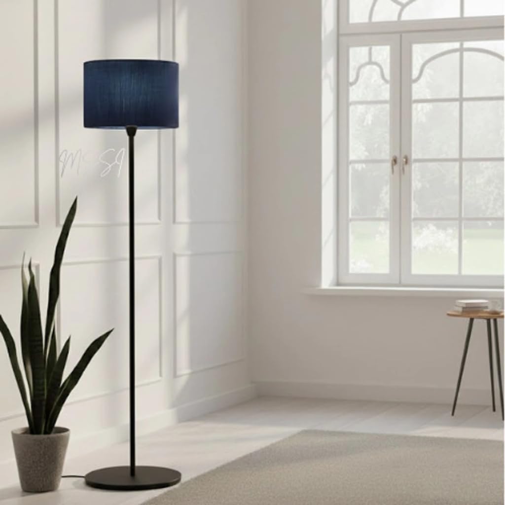 Floor Lamp with Navy Blue Fabric Drum Shade, Black Metal Stand, Living Room Standing Light-image-23