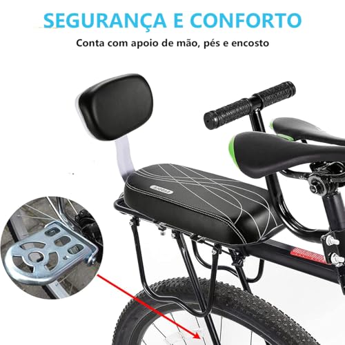 Banco Traseiro de Bicicleta com Garupa Bagageiro com Luz Relfetora e Apoio para Pés e Mãos de Crianç