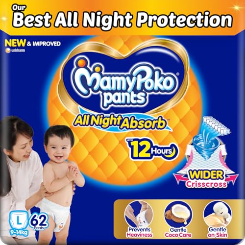Image of Mamypoko pants All night absorb| Pant Style Baby Diapers Large Size(L), 62 Count, Ideal for 9-14Kgs|1 Diaper= Upto All night Absorption|Wider Crisscross Sheet|Gentle Coco Care| 12hr Leakage Protection| Prevents Heaviness.