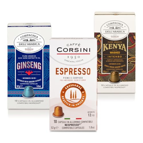 Caffè Corsini - Set Capsules de Café Compatibles Nespresso Énergie et Bien-être, 3 Boîtes de 10 Capsules (Total 30 Capsules) Caffè Corsini - Set Capsules de Café Compatibles Nespresso Énergie et Bien-être, 3 Boîtes de 10 Capsules (Total 30 Capsules)