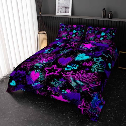 Image of Nttopship Purple Stars Comforter Set Twin Size,Galaxy Starry Printed Bedding Set,Purple Heart Room Decor with Soft and Lightweight Comforter and 2 Pillowcases