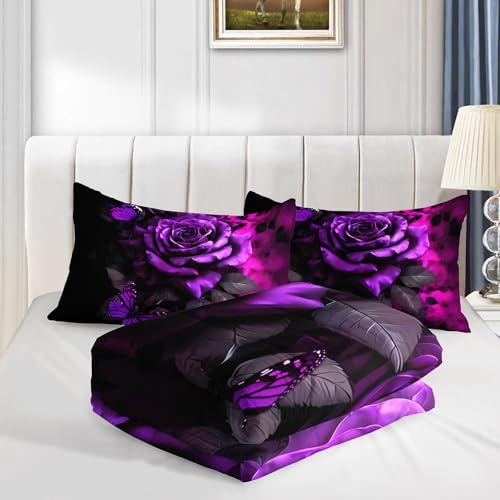 Image of AILONEN Gothic Purple Rose Comforter Queen Size with 2 Pillowcases,Butterfly Floral Bedding Set 3Pcs for Teens Girls Women,Dark Aesthetic Quilt Set for Home Decor