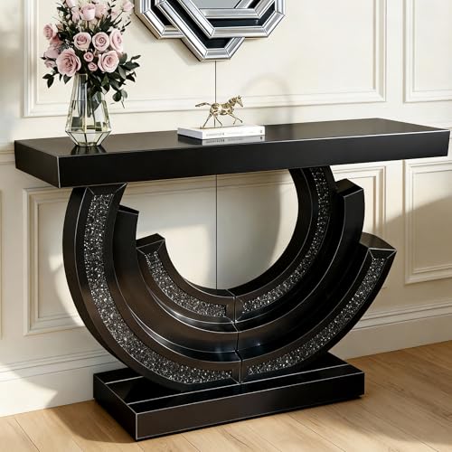 Mirrored Glass Console Table, Modern Sofa Table with Crushed Diamond Inlay, Long Entryway Table for Living Room, Hallway, Entryway, Black