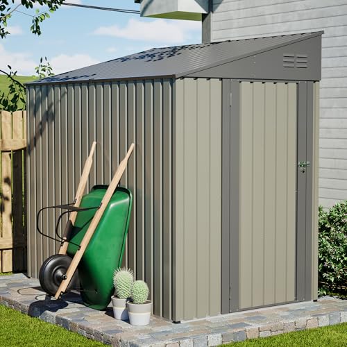 Image of YOPTO 4x7 FT Outdoor Storage Shed,Metal Lean to Storage Shed with Reinforced Beams,All Weather Waterproof Garden Tool House W /Lockable Door & Reversible Installation,for Backyard,Patio,Lawn,Olive Gray