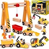 Atoylink 15PCS Kids Wooden Construction Toys with Magnetic Train Cars, Gantry Crane Bulldozer Roller Tow Truck Construction Site Vehicles Playset Gifts for 3 4 5 6 Year Old Toddlers Boys
