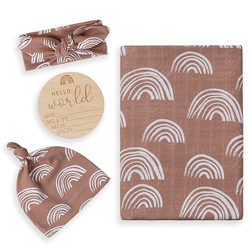 Image of BabyWhale Muslin Swaddle Blanket with Hat and Headband Bow, Boho Rainbow Pattern Swaddle Set for Baby Boys & Girls, Unisex Silky Soft Breathable Receiving Wrap, 47x47 inches, Brown