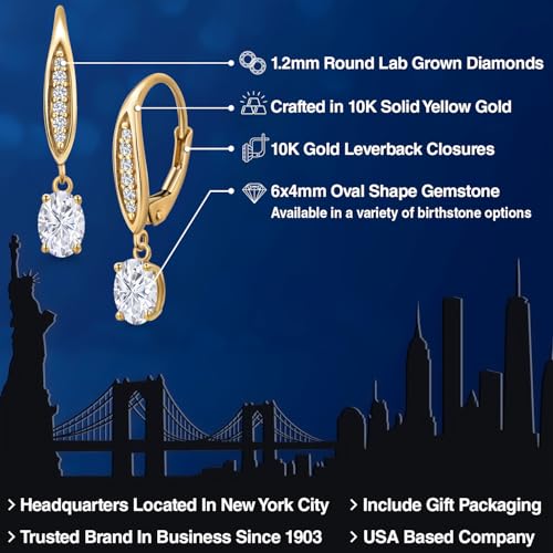 Gem Stone King 6X4MM Oval Cut Gemstone Birhtstone and Lab Grown Diamond Leverback Dangle Earrings for Women in 10K Yellow Gold | Fine Jewelry Gifts for Her Mom Women Wife2