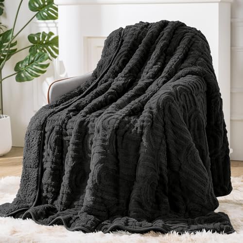 Image of Sherpa Fleece Adult Weighted Blanket Great for Sleep, 15 lbs Dual Sided Soft Fuzzy Heavy Blankets for Couch Bed Sofa, Cozy Warm Fluffy Arched Jacquard Throw for Winter (Black, 48 inch x 72 inch, 15 Pounds)