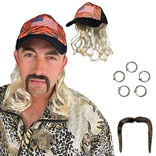 Watt's Wigs - Exotic Tiger Joe Costume Kit, Blonde Mullet Wig with Hat, Clip on Earrings, and Mustache - One Size Fits All
