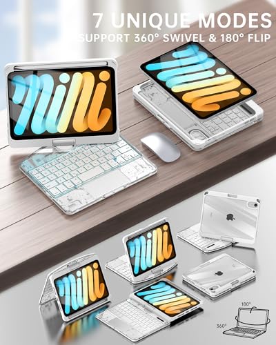 Image of Intermerge Keyboard Case for iPad mini 7 (A17 Pro, 2024) & Mini 6 (2021) 8.3 inch - 360 Swivel Multi-Touch Trackpad, 7-Color RGB Backlit Keys, Pencil Holder, Type-C Charging, Power Indicator-Frost Pulse