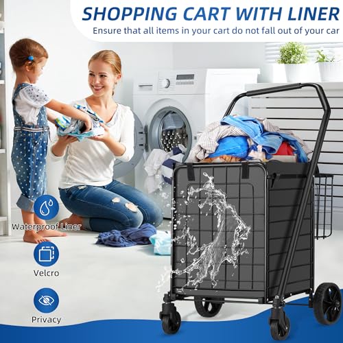 Habutway Grocery Cart On Wheels For Groceries, Folding Shopping Carts With Liner, 110Lbs Large Capacity Jumbo Grocery Cart With Dual Basket thumb #3