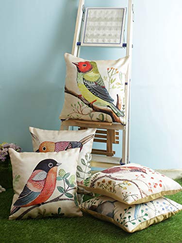 Image of ROMEE Designer Bird Printed Printed Cushion Covers 16 inch x 16 inch Set of 5 | Decorative Square Jute Throw Pillow /Cushion Cover for Living Room, Sofa, Couch, Bedroom (Beige)
