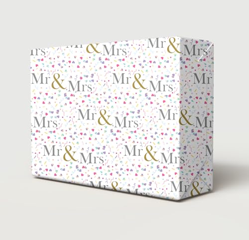 2 Sheets MR & MRS Hearts Confetti Wedding Day Wrapping Paper Classy And Elegant Design Just Married Bride Groom Gold Silver White Giftwrap
