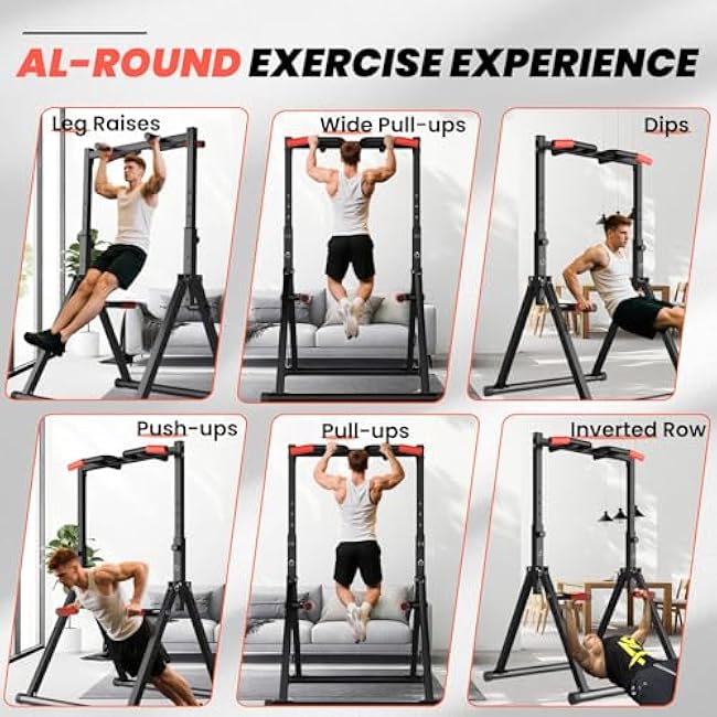 DOBESTS Foldable Power Tower Pull Up Bar Dip Station Adjustable Multifunction Workout Pull Up Tower Station Gym Strength Training Equipment for Home Outdoor, Triangular Legs, Support 700lbs