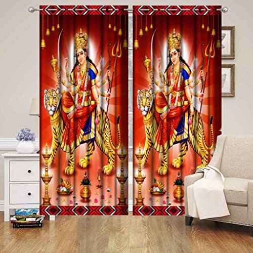 Image of UNITMALL Digital Printed God Curtains Pack of 2 | Home Mandir Pooja Room Decor Bhgwan Long Door Curtain 9ft | Polyester Eyelet Drapes & Panels (4x9 Feet, MATA)