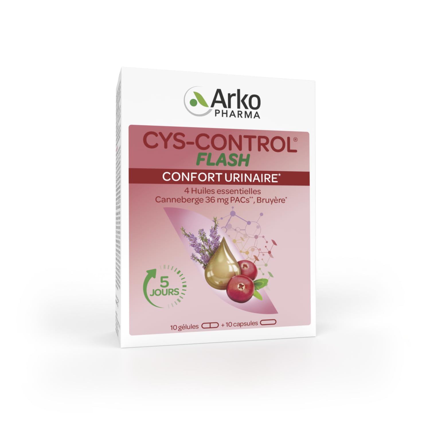 Arkopharma - Cys-​Control Flash | Confort urinaire - Bon fonctionnement du système urinaire - Complément alimentaire | 10 gélules et 10 capsules