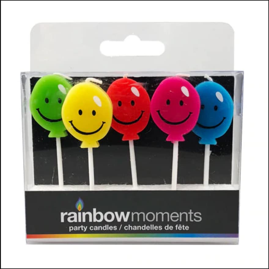 Rainbow MomentsHappy Face Printed In Black On Balloon Shapes Candle - Yellow, Pink, Green, Red And Blue