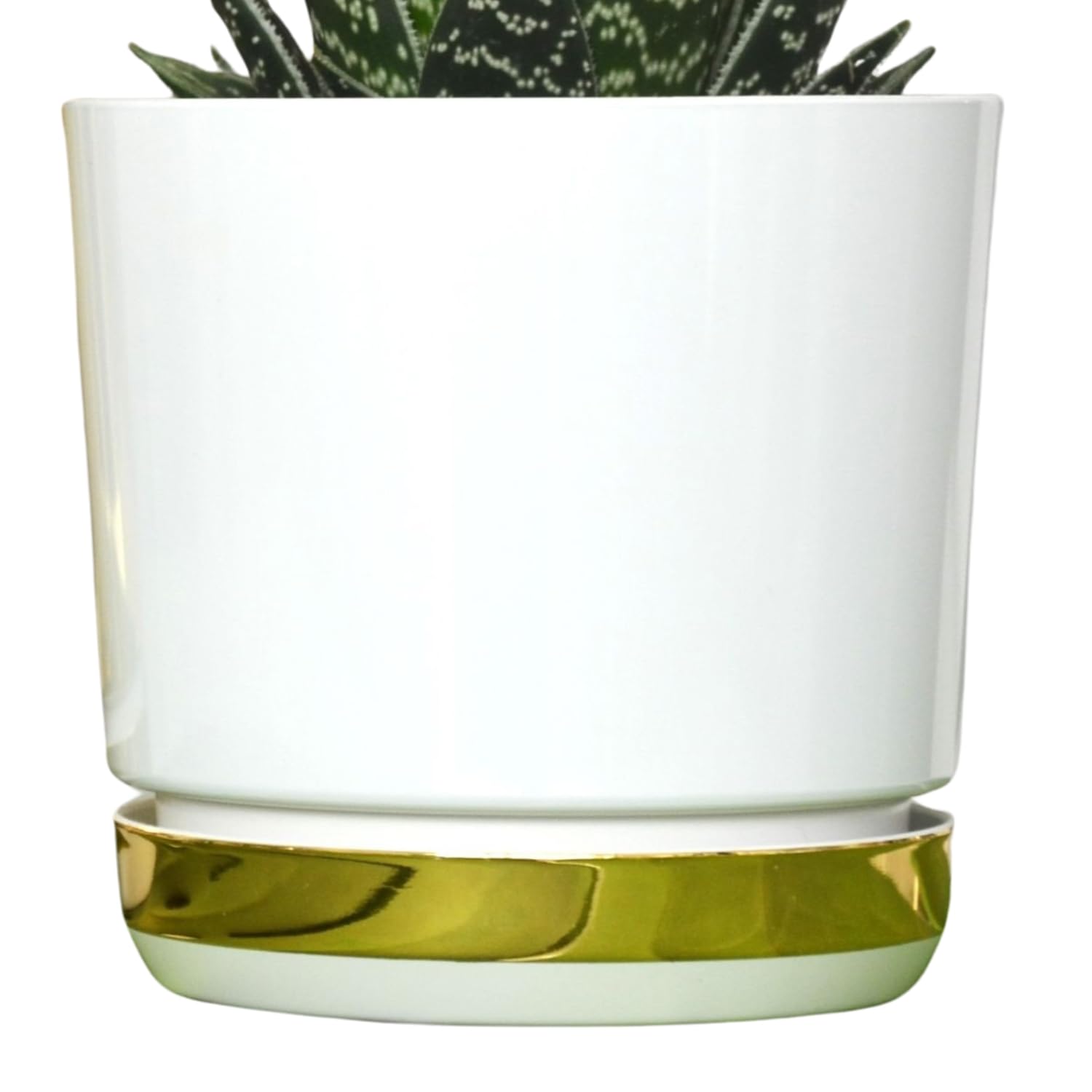 KERD Duo Pot De Fleur Rond 32 cm Blanc & Doré – Plastique Recyclé – Décoré Manuellement – avec Soucoupe – Drainage Intégré – Brillant – Fabriqué en Europe