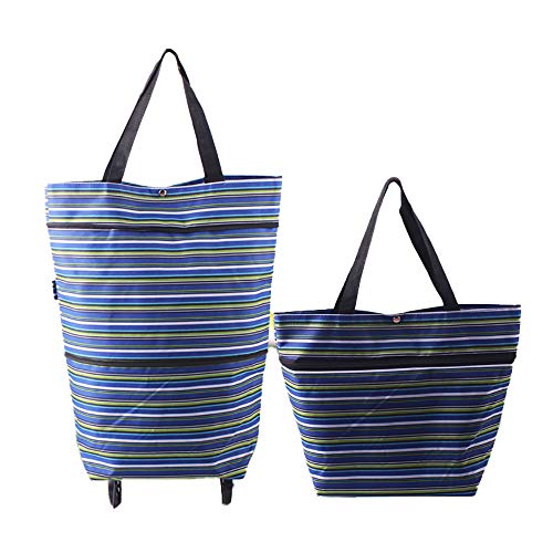 Suny Smiling Bolsa de la compra plegable con ruedas, bolsa plegable con ruedas para mujer, carrito de la compra reutilizable, bolsa de gran capacidad # 7306 32x14.5x55cm Tira azul.