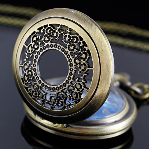 Tiong Exquise Starry Blue Hollow Case Quartz Pocket Watch Roman Numerals Retro Watches Souvenir Christmas Graduation Birthday Gifts Fathers Day(24-Bronze) #TOP3