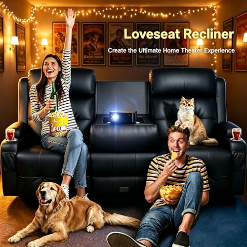 Image of Home Theater Seating, 3 Seat Power Recliner Sofa with Massage & Heat, Wall Hugger Reclining Loveseat with USB, RV Couch with LED Lights, Flip Backrest, Cup Holders for Movie Theater & Gaming Room