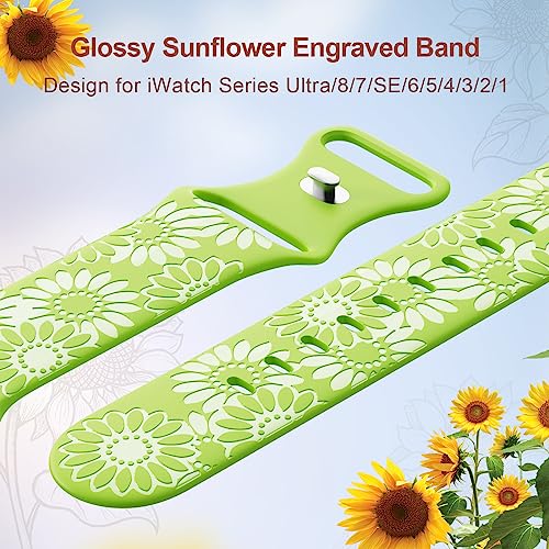 Image of Sunflower Engraved Band Compatible with Apple Watch Bands 38mm 40mm 41mm 42mm 44mm 45mm 49mm Women, Designer Soft Glossy Floral Silicone Strap for iWatch Series Ultra 11 10 9 8 7 6 SE 5 4 3 2 1