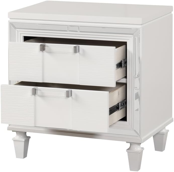 HomeStock Asian Aesthetics White Nightstand 28" H x 26" W x 17" D Embossed Texture with Mirror Trim and Felt-Lined Drawer for Modern Bedroom Storage Style