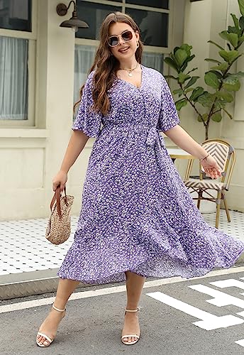 Image of Keluummi Plus Size Maxi Dress for Women V-Neck Floral Empire Waist 3 /4 Sleeve with Pockets