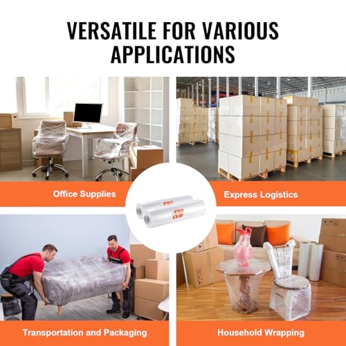 vevor stretch film 15 inches x 1200 feet 80 gauge industrial strength clear durable stretch wrap roll heavy duty shrink film stretch wrap with handles for pallet wrapping shipping moving 2 pack