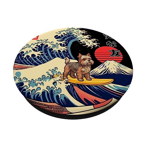 Biewer Terrier Japanese Kanagawa Wave Surf Loyal Dog PopSockets Swappable PopGrip, Black - Image 2