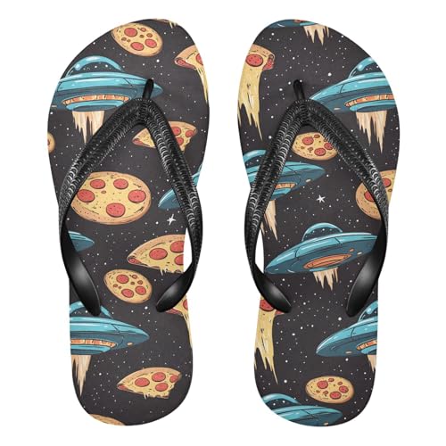 ALAZA Cute Spaceships Astronaut Pizza Flip Flops for Women Fashion Beach Slippers Comfort Mens Flip Flops Non-Slip Rubber Shower Slippers Sandal for Hotel Travel Sport,XS