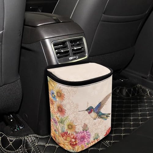 Image of Talayituse Hummingbird Daisy Print Car Trash Can with Adjustable Straps, Foldable Car Trash Bag Bin Car Garbage Bag Multipurpose Storage Box for Vehicle Travel Camping Picnicing