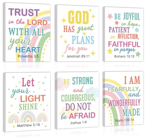 Image of CHDITB Bible Verse Framed Canvas Wall Art, Scripture Typography Artwork, Rainbow Christian Wall Decor, Inspirational Bible Quote Poster, Boho Faith Art Prints For Kids Room Nursery Decor 8 inchX10 inchX6