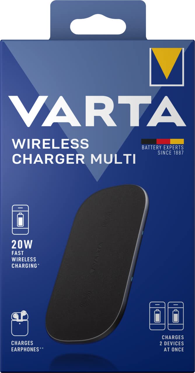 VARTA Caricatore wireless Multi 20 W, fino a 20 W, Qi kompatibel, Nero | ricarica wireless di 2 dispositivi insieme, anche con custodia, incl. USB C Cavo, ricarica pass-through
