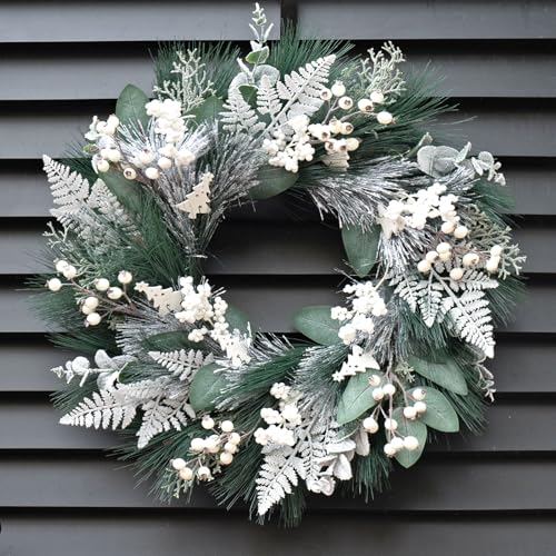 Winter Wreaths for Front Door 24 Inch Artificial Christmas Wreath Decorated with White Berries,Outdoor Winter Door Wreath Green Eucalyptus Wreath for Farmhouse Home Porch Wall Decor