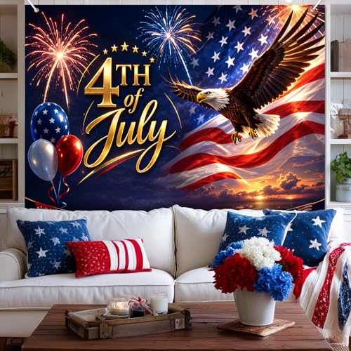 Image of BlissYard Fourth of July Decorations Backdrop Independence Day Patriotic Holiday Party Banner 8x6ft USA Celebration Decor Liberty Eagle Fireworks Patriotic Event Decoration Veterans Day Memorial Day