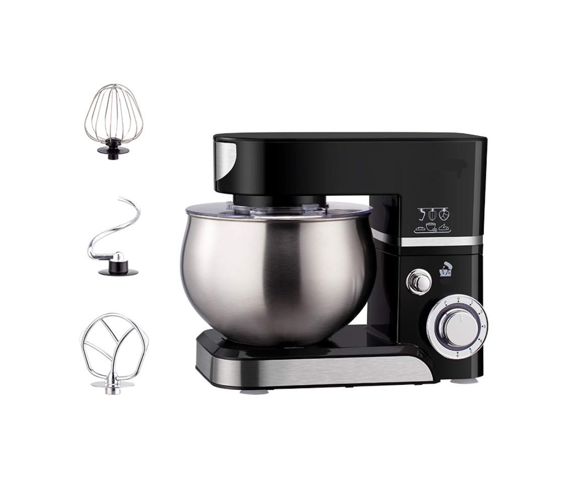Amasadora de pie, 5.5 L, 1200 W, 6 velocidades, cabezal inclinable, con gancho para masa, batidor y varillas, color negro