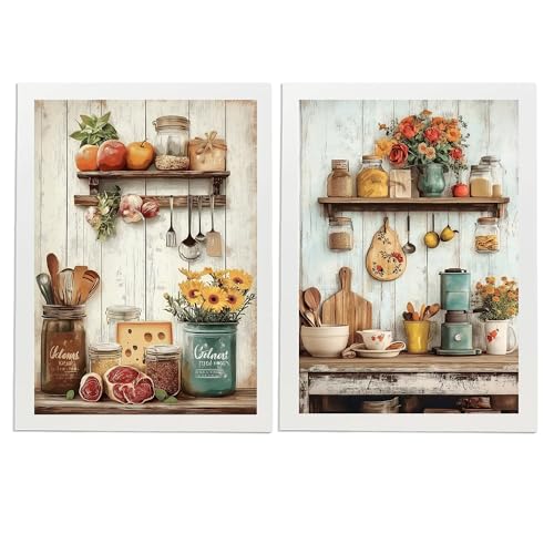 Nacnic Set de 2 Cuadros de Cocina Rústica Impresión Ilustración en Estilo Campestre Arte de Pared para Decoración de Cocina, Despensa, Comedor, Restaurante A3 Marco Blanco