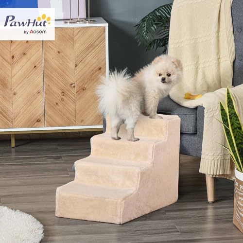 PawHut Hundetreppe 4-stufig, 35 cm Katzentreppe für Bett und Sofa, Haustiertreppe für Hunde und Katzen bis 5 kg, Plüschoptik, Beige