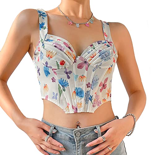 Swbreety Women's Sexy Floral Corset Top Backless Straps Boned Bustier Zip Back Bodyshaper Going Out Crop Tops #TOP25