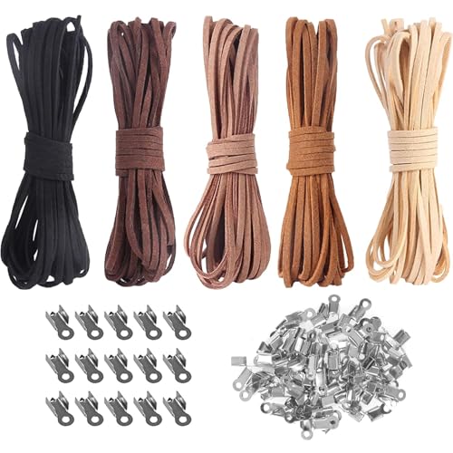 105 Stück Lederband für Ketten Set, Lederbänder für Ketten Lederbänder Zum Basteln Lederkette Damen Flaches Lederband Langlebig, 150m in 5 Farben für DIY Schmuck und Bastelprojekte