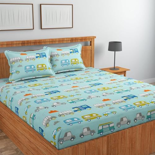 Image of RD FABS Glace Cotton Wrinkle Free Soft Hypoallergenic Elastic Fitted Cartoon Printed Bedsheets for Kids with 2 Pillow(Size,78 x 72 Inches(Fits up to 8 Inch),Sky New Car Bus),Double Bed,300 TC
