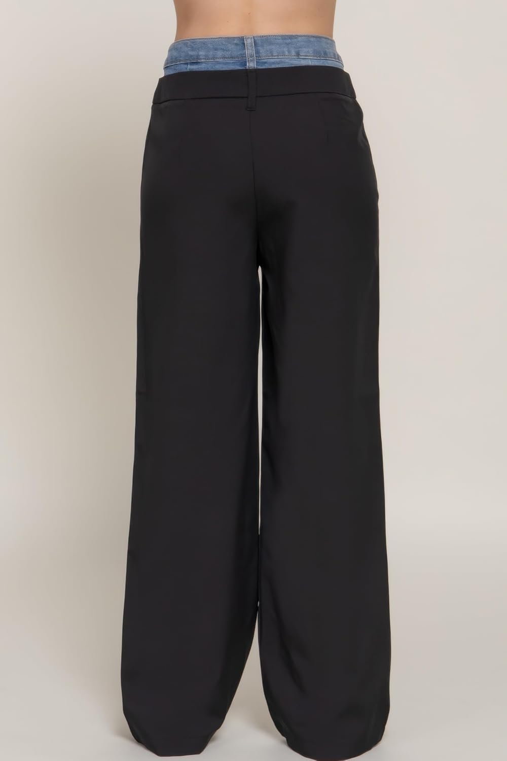 Contrast Denim Waist Straight Long Pants Black