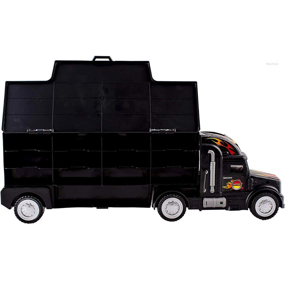 BAKAJI Camion Bisarca Giocattolo per Bambini, Vettura Porta Auto con 6 Macchinine Incluse e Accessori, Macchina Trasportatrice Gioco con Laterali Apribili, Capienza fino a 12 Macchine, 50 x 15 x 9 cm