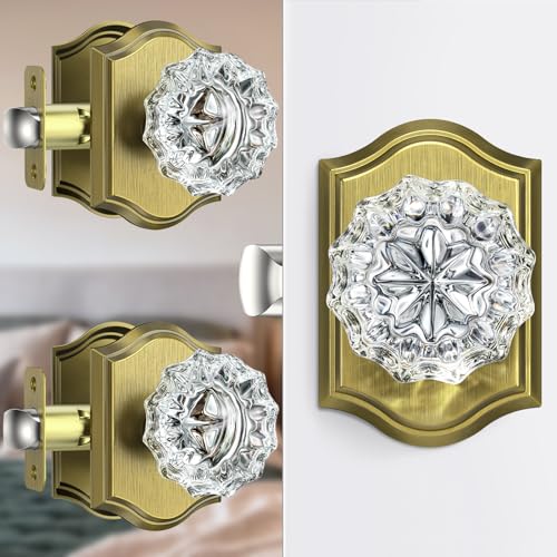 Calzibeno 3 Pack Glass Crystal Door Knobs Interior, Antique Brass Crystal Door Knobs with Lock for Privacy Use, Vintage Crystal Glass Doorknobs for Bedroom Bathroom Interior Doors