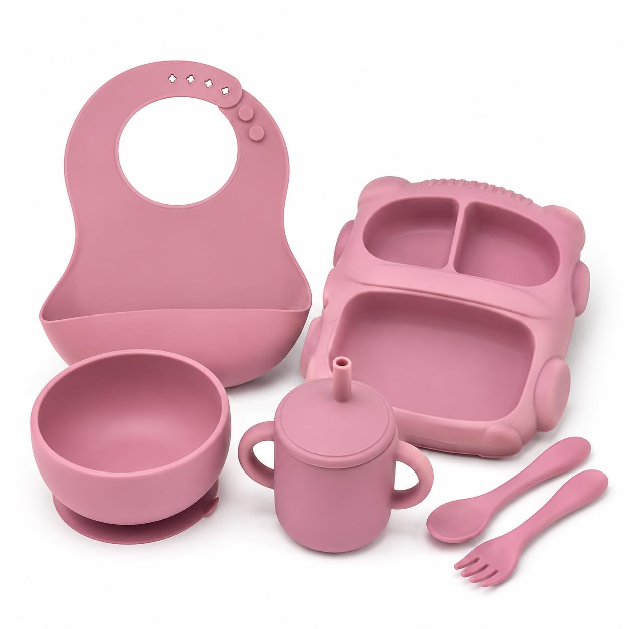 Silicone Baby Feeding Set with Suction Bowl, Plate, Bib, Spoon, Fork & Training Cup | Baby Weaning Feeding Set | Pink-image-16