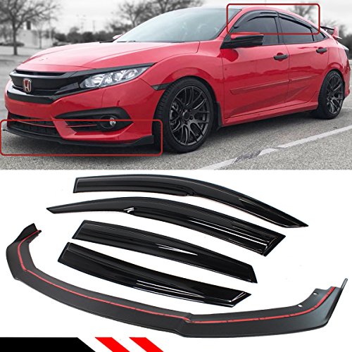 Front Bumper Lip Splitter + Side Window Visor Rain Guard Deflector Compatible with 2016-2018 Honda Civic 4 Door Sedan