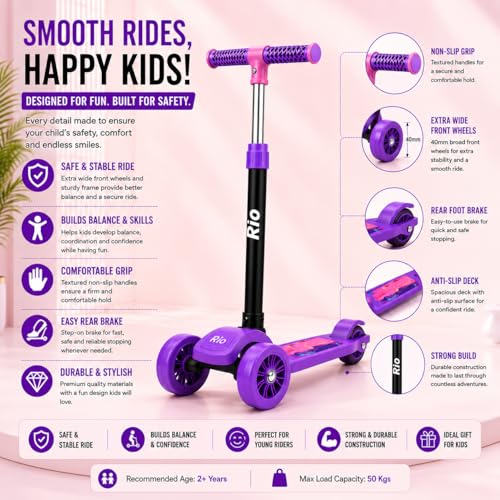 Image of MiniExplorer Rio Kids Kick Scooter for Boys & Girls 3-12 Years - Purple | Adjustable Height Foldable Scooter with Rear Brake & Anti-Slip Deck | 3 Wheel Outdoor Scooter for Kids