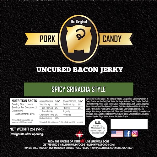 Image of Spicy Sriracha Bacon Jerky - Bold & Fiery Snack Made from 100% Real Uncured Thick-Cut Bacon | Small-Batch, Savory Heat, Tossed in Spicy Sriracha Glaze | 4 ounces total (Pack of 2 bags, 2 ounces each)