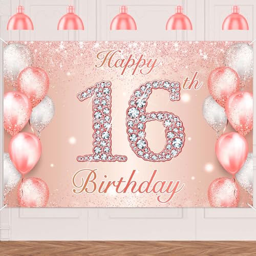 Image of Happy 16th Birthday Rose Gold Banner Cheers to 16 Years Old Backdrop Confetti Balloons Theme Decor for Girls 16 Years Old Pink Birthday Party Decorations Bday Supplies Background Favors Gift Glitter